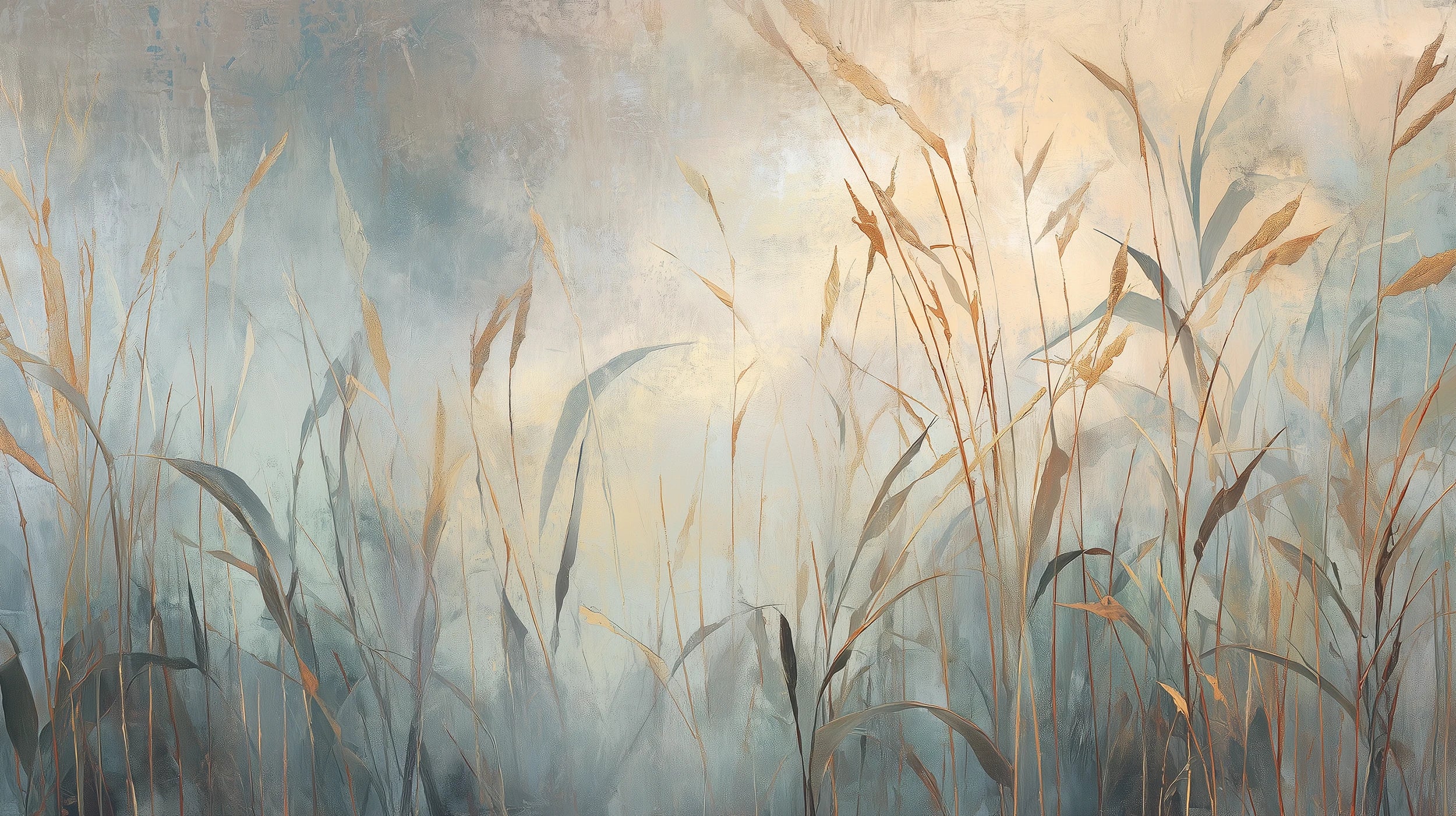 Mustervorschau: Prezentacja całego wzoru fototapety o nazwie FOGGY EMBRACE - tapeta z mglistymi trawami o świcie