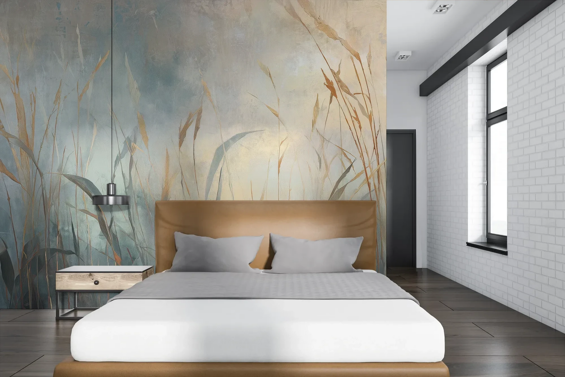 Wzór fototapety FOGGY EMBRACE - tapeta z mglistymi trawami o świcie pokazanej w aranżacji sypialni.