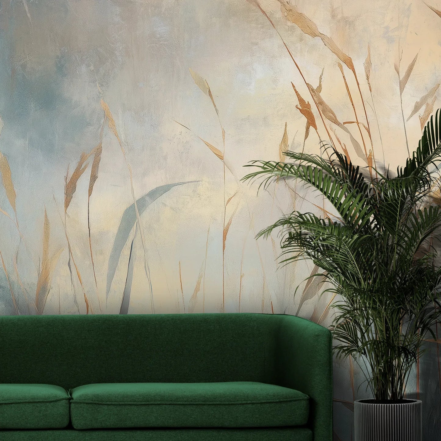 Fototapeta FOGGY EMBRACE - tapeta z mglistymi trawami o świcie pokazana w aranżacji wnętrza z akcentem na ścianie.