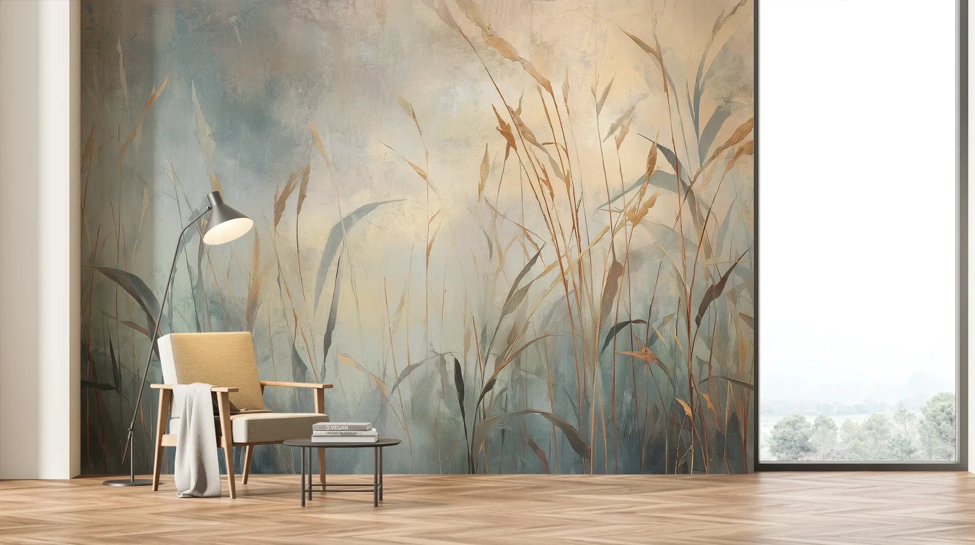 Wzór fototapety FOGGY EMBRACE - tapeta z mglistymi trawami o świcie pokazanej w aranżacji salonu.