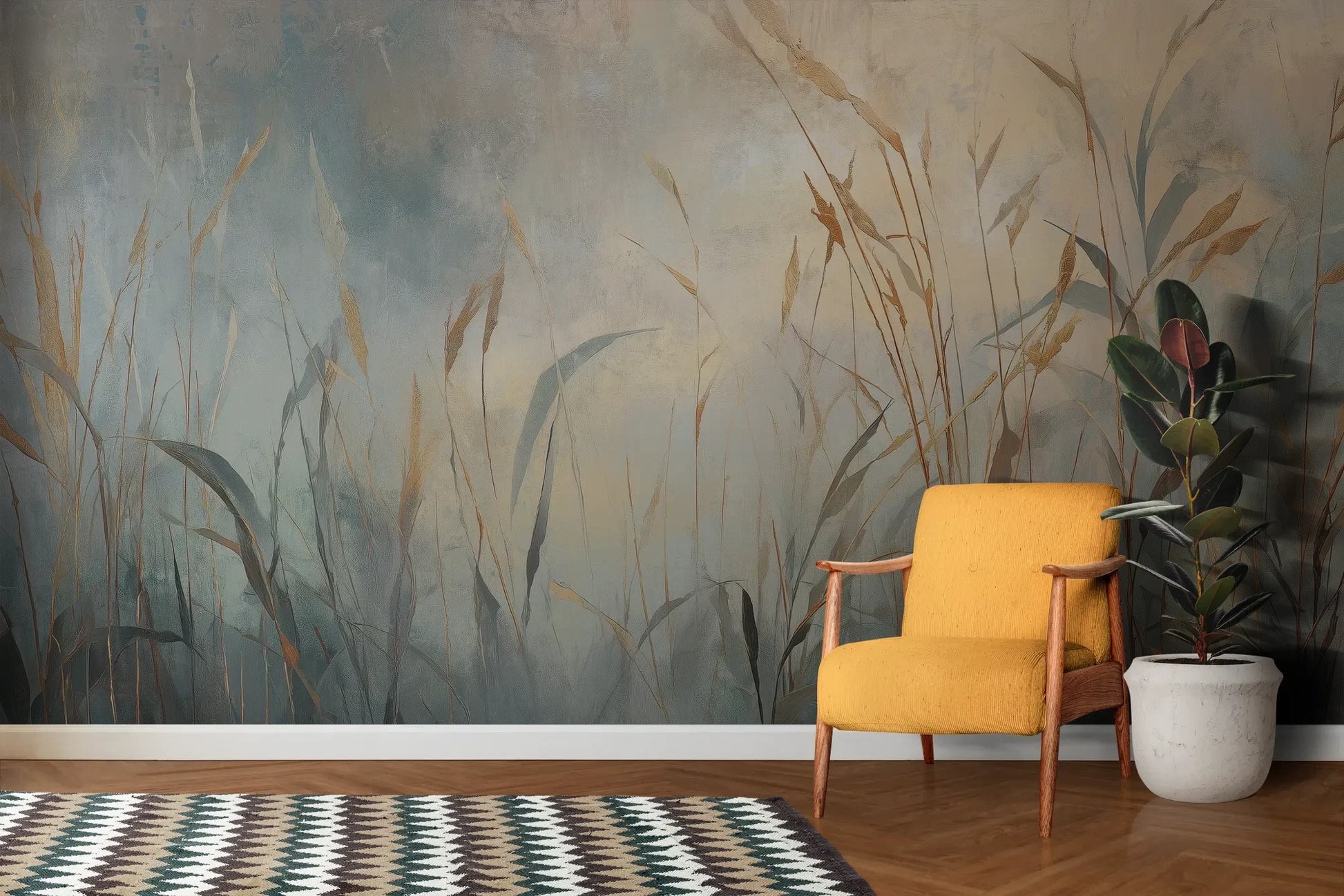 Wzór fototapety FOGGY EMBRACE - tapeta z mglistymi trawami o świcie pokazanej w aranżacji salonu.