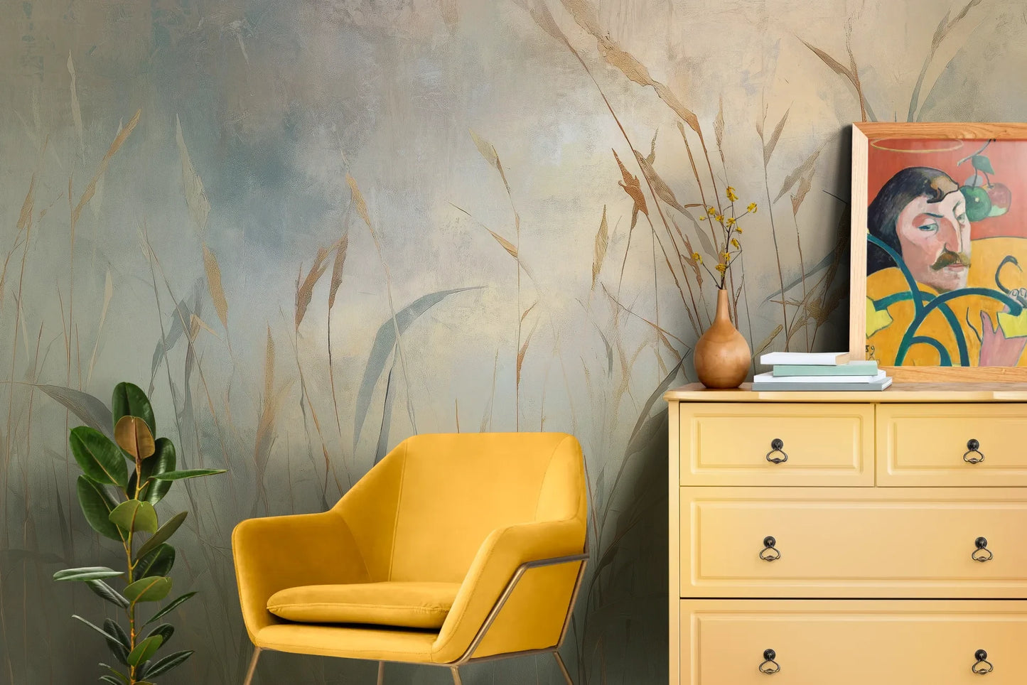 Wzór fototapety FOGGY EMBRACE - tapeta z mglistymi trawami o świcie pokazanej w aranżacji salonu.