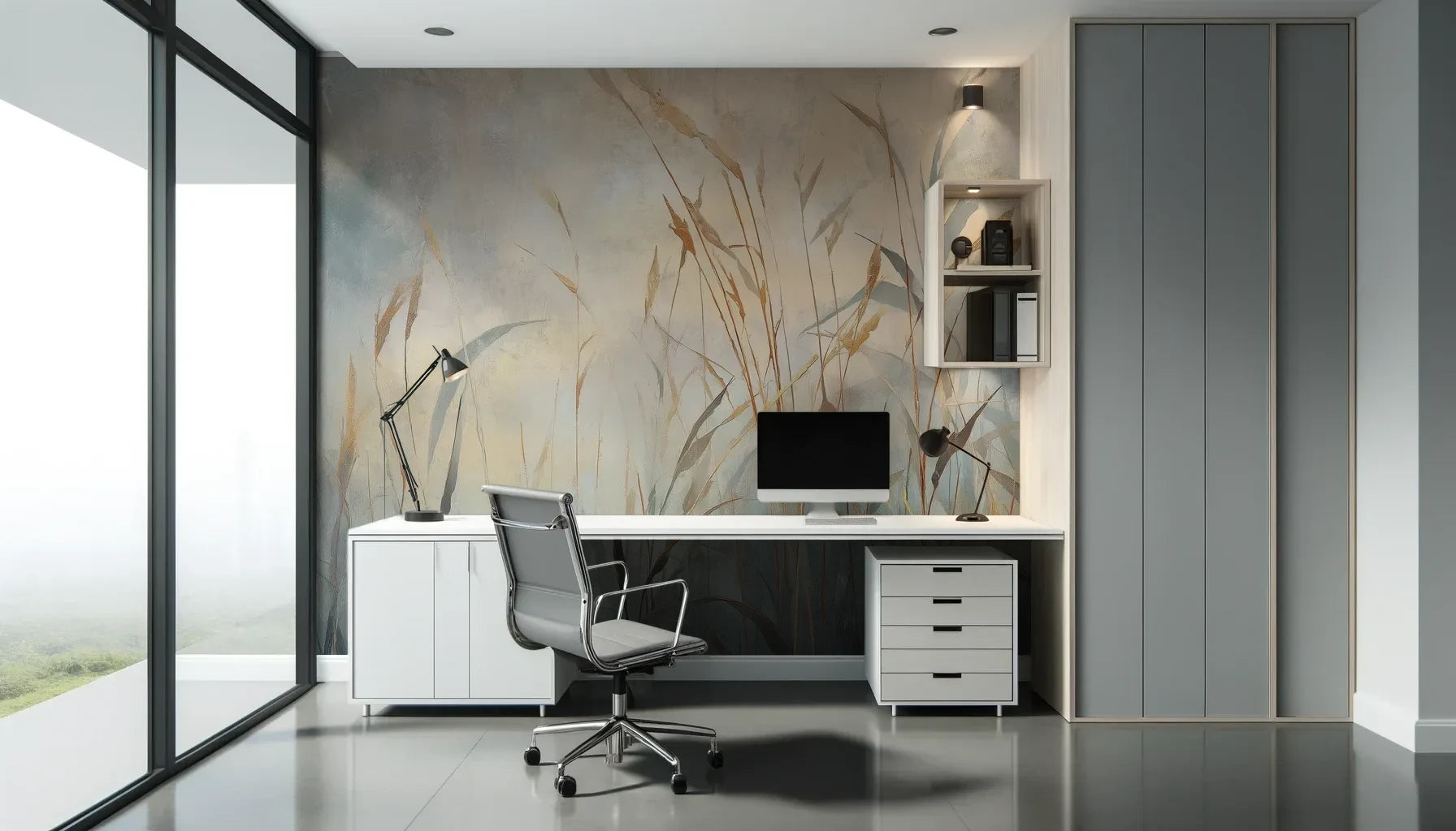 Fototapeta FOGGY EMBRACE - tapeta z mglistymi trawami o świcie pokazana w aranżacji biura.