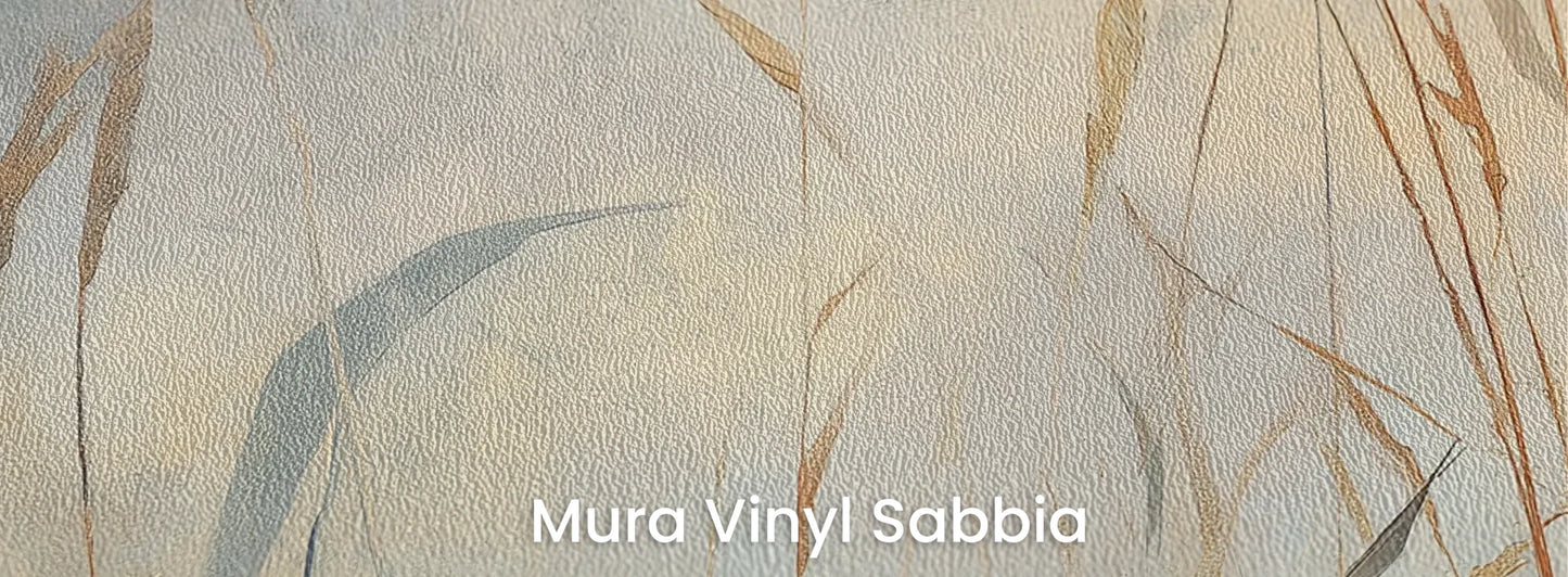 Zbliżenie na fototapetę FOGGY EMBRACE - tapeta z mglistymi trawami o świcie na podłożu o strukturze ziarna piasku.