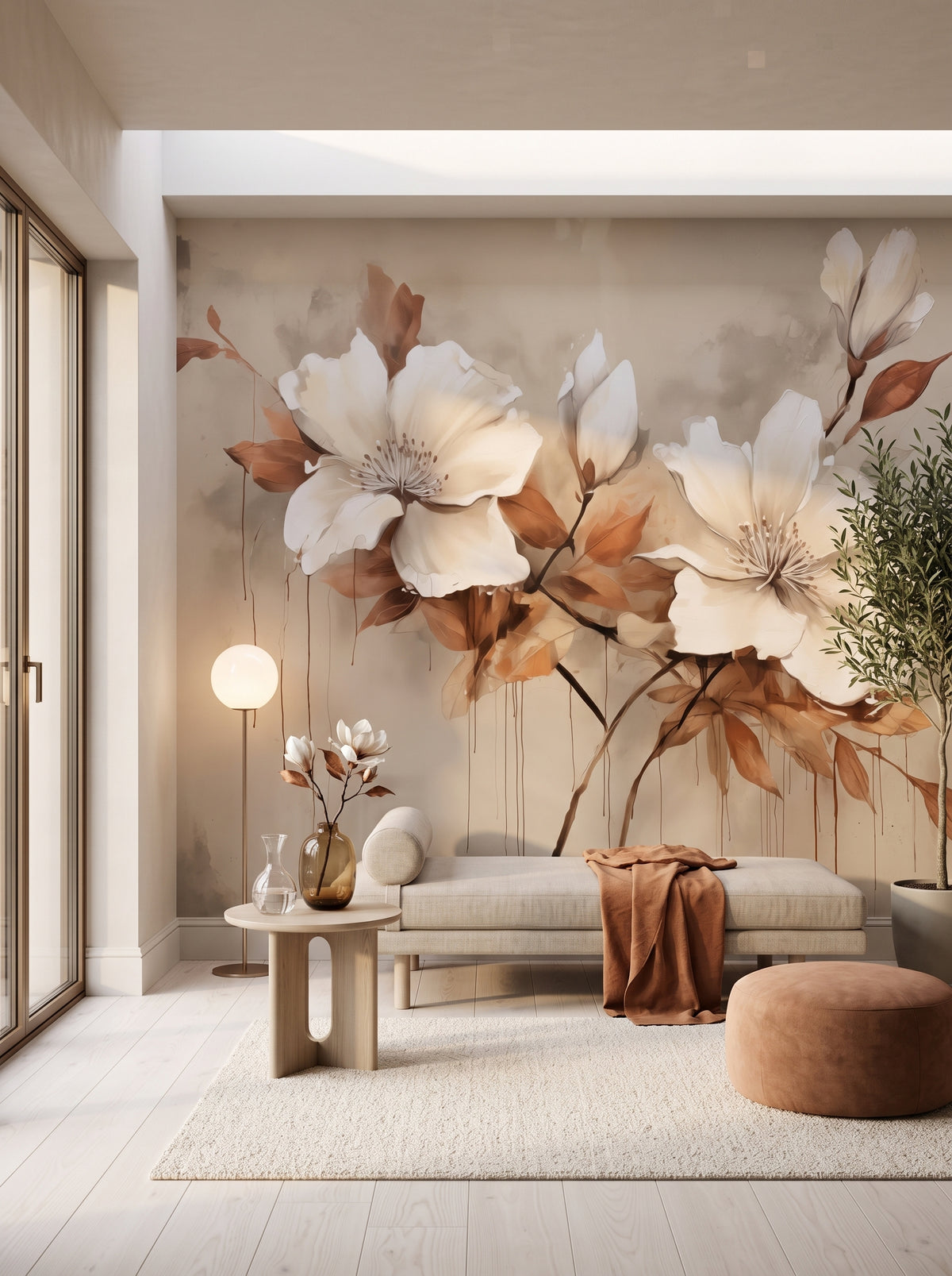 Fototapeta artystyczna o nazwie Magnolia Elegance w aranżacji wnętrza: prywatny pokój wellness w nowoczesnej rezydencji.