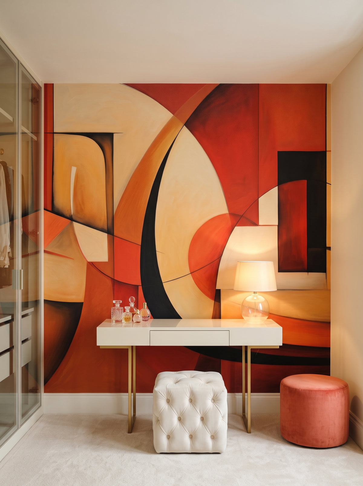 Fototapeta artystyczna o nazwie Warm Geometric Flow w aranżacji wnętrza: garderoba w stylu Hollywood Regency.