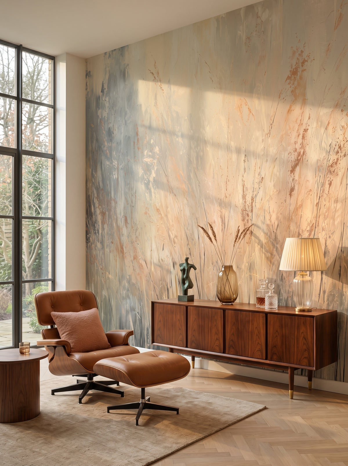 Fototapeta artystyczna o nazwie AMBER WHISPERS w aranżacji wnętrza: salon kolekcjonera w stylu mid-century modern.