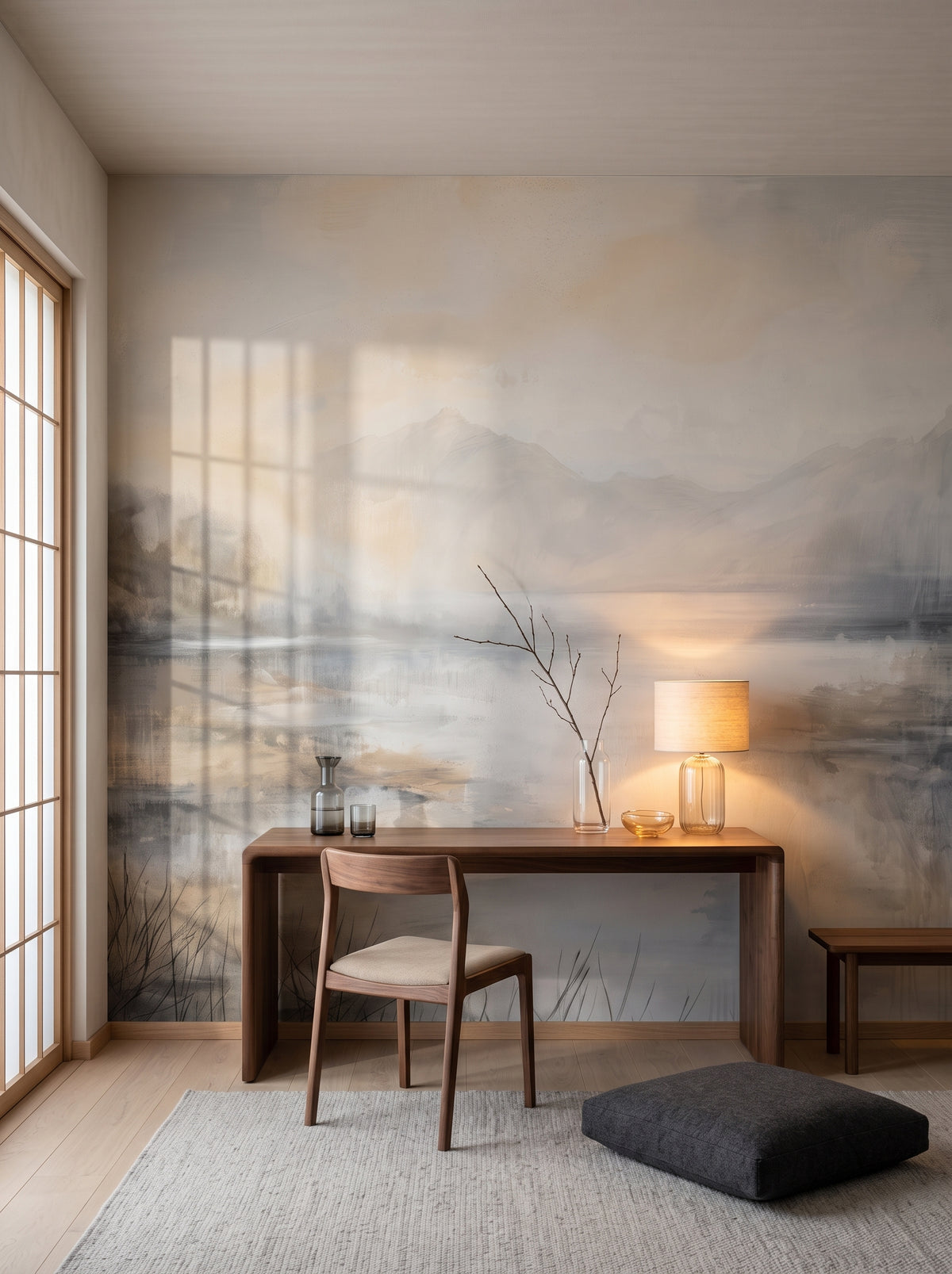 Papier peint panoramique artistique « Spokojny Brzask » dans un intérieur : bureau de style Japandi dans une résidence privée.