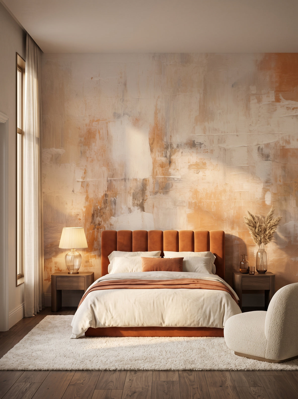 Fotomural artístico «Warm Tranquility» en un interior: dormitorio en una suite de un hotel de cinco estrellas.