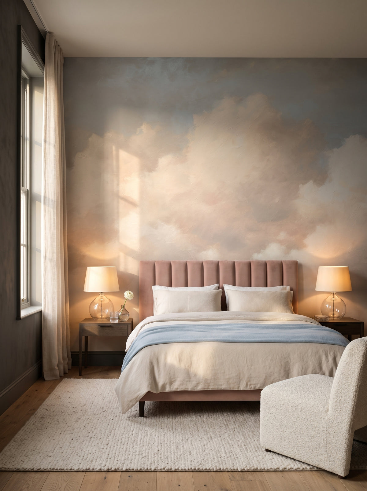 Papier peint panoramique artistique « GENTLE GLOW OF DUSK CANVAS » dans un intérieur : chambre dans une suite d'un hôtel cinq étoiles de style quiet luxury.