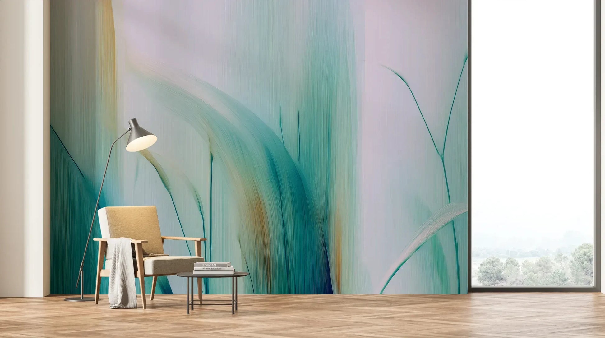 Wzór fototapety AQUA BREEZE - tapeta z delikatnymi źdźbłami w morskich odcieniach pokazanej w aranżacji salonu.