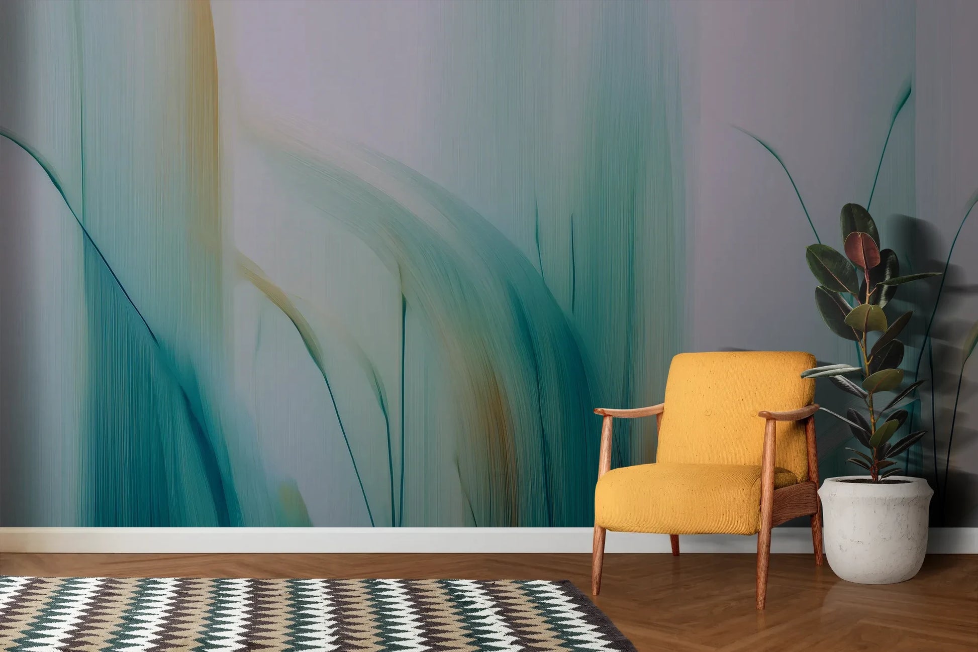 Wzór fototapety AQUA BREEZE - tapeta z delikatnymi źdźbłami w morskich odcieniach pokazanej w aranżacji salonu.