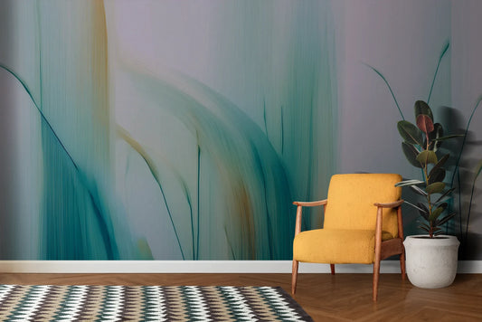 Wzór fototapety AQUA BREEZE - tapeta z delikatnymi źdźbłami w morskich odcieniach pokazanej w aranżacji salonu.