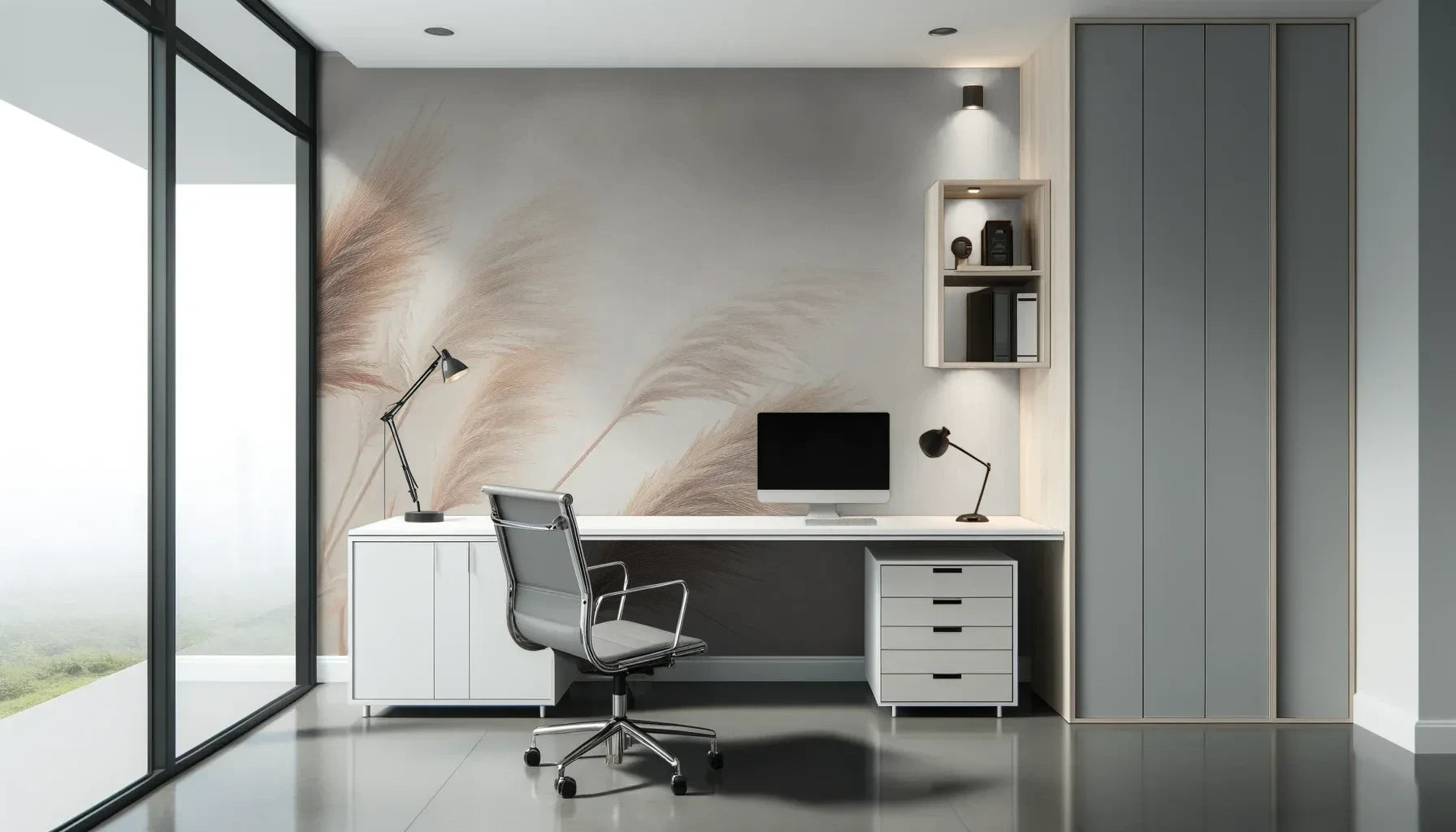 Fototapeta DESERT WHISPERS - tapeta z delikatnymi źdźbłami trawy w beżowych odcieniach pokazana w aranżacji biura.