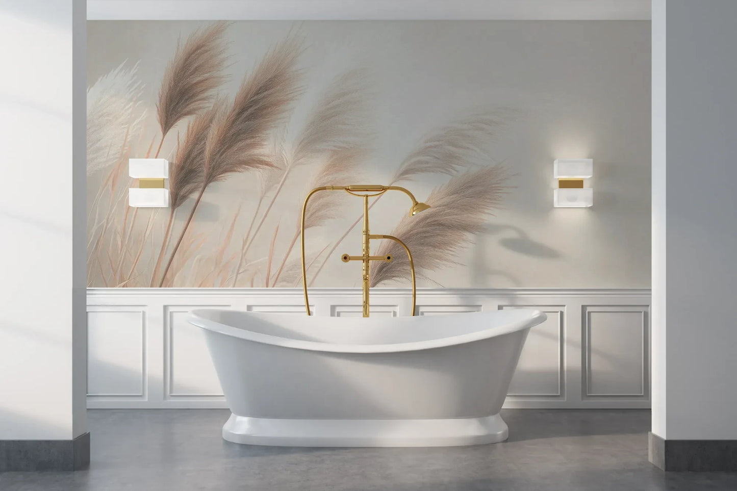 Wzór fototapety DESERT WHISPERS - tapeta z delikatnymi źdźbłami trawy w beżowych odcieniach pokazanej w aranżacji łazienki.