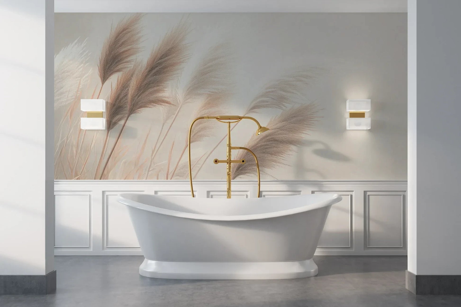 Wzór fototapety DESERT WHISPERS - tapeta z delikatnymi źdźbłami trawy w beżowych odcieniach pokazanej w aranżacji łazienki.