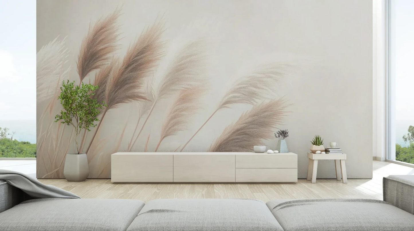 Wzór fototapety DESERT WHISPERS - tapeta z delikatnymi źdźbłami trawy w beżowych odcieniach pokazanej w aranżacji salonu.