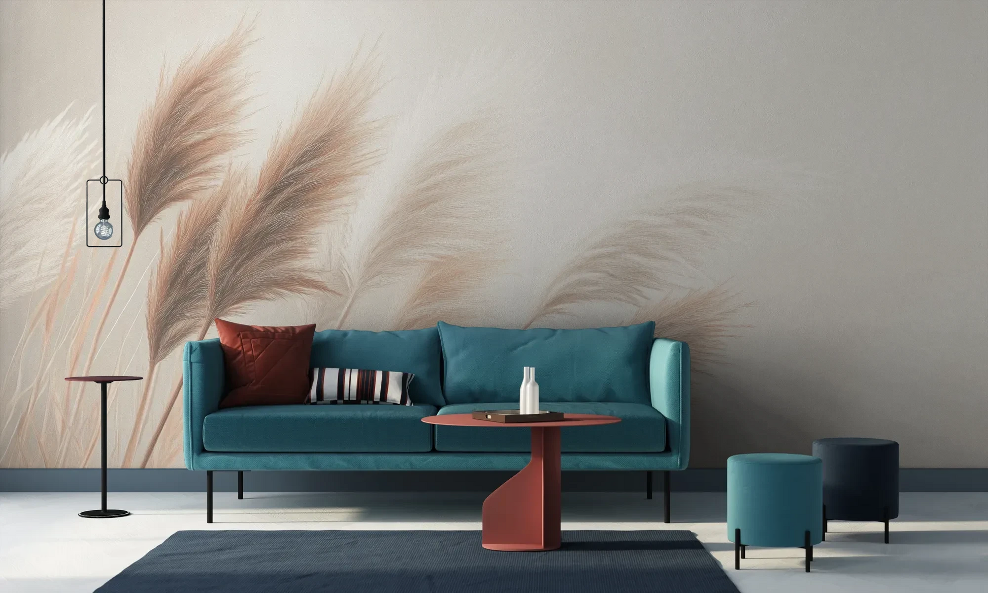 Wzór fototapety DESERT WHISPERS - tapeta z delikatnymi źdźbłami trawy w beżowych odcieniach pokazanej w aranżacji salonu.