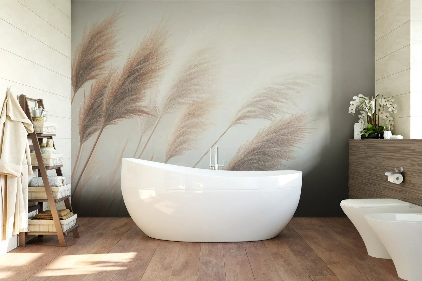 Wzór fototapety DESERT WHISPERS - tapeta z delikatnymi źdźbłami trawy w beżowych odcieniach pokazanej w aranżacji łazienki.