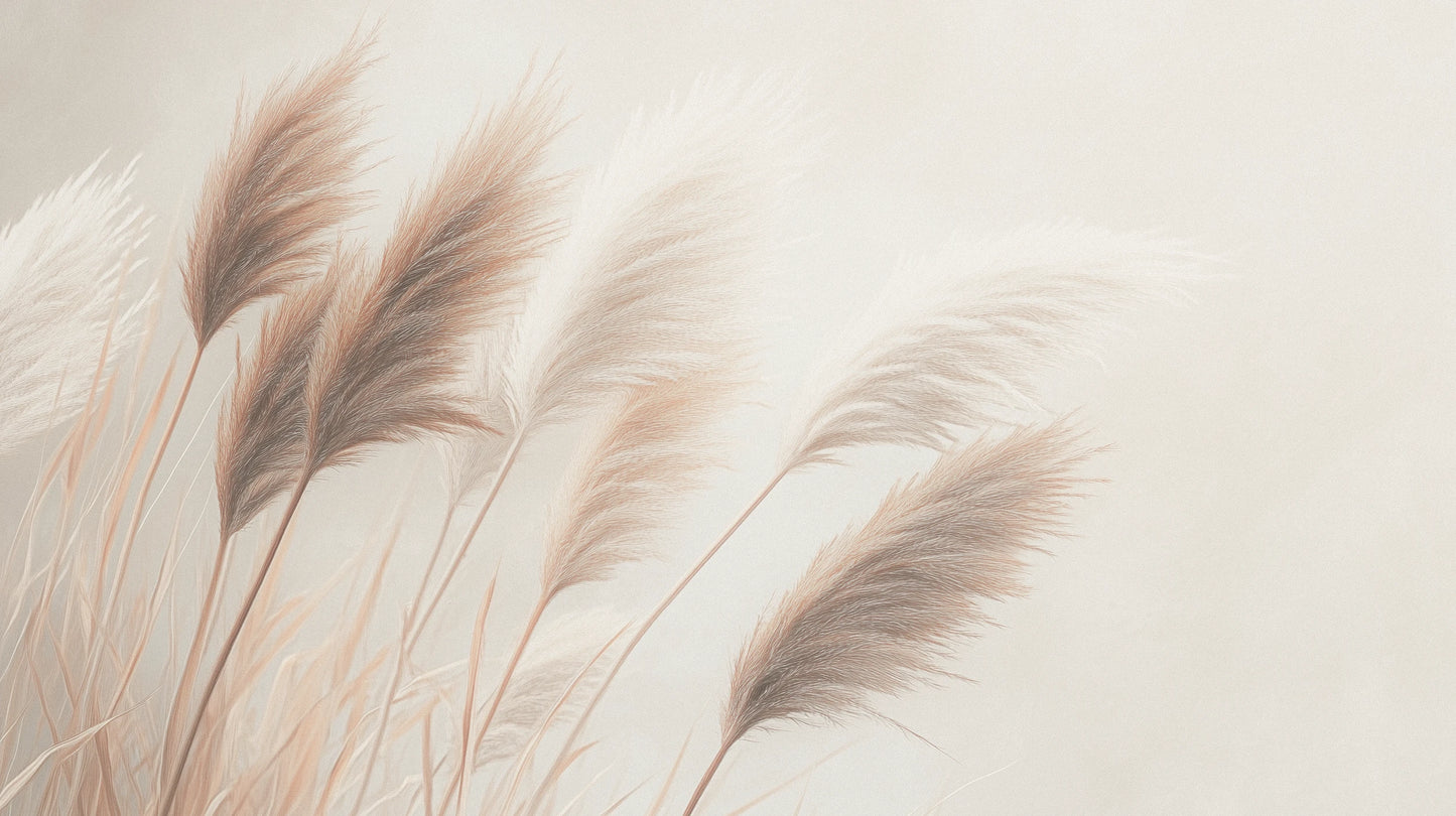 Prezentacja całego wzoru fototapety o nazwie DESERT WHISPERS - tapeta z delikatnymi źdźbłami trawy w beżowych odcieniach