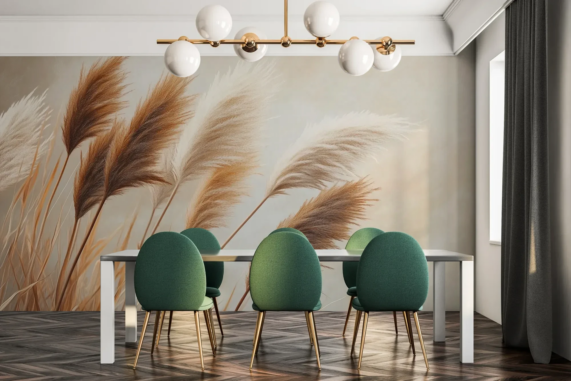 Fototapeta PAMPAS DREAMS - tapeta z beżowymi trawami pampasowymi pokazana w aranżacji jadalni.