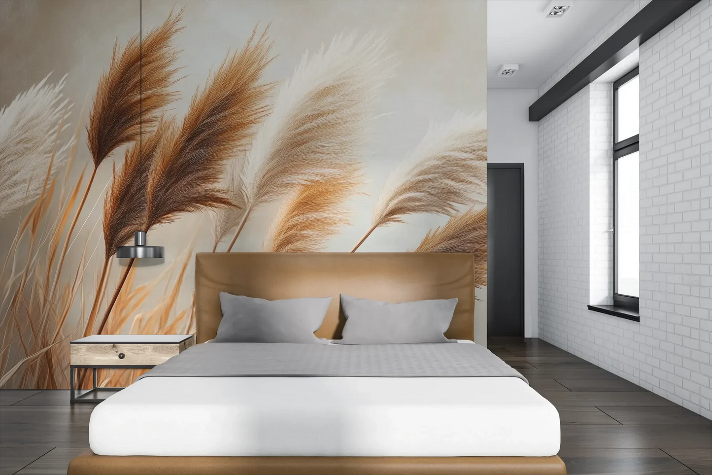 Wzór fototapety PAMPAS DREAMS - tapeta z beżowymi trawami pampasowymi pokazanej w aranżacji sypialni.