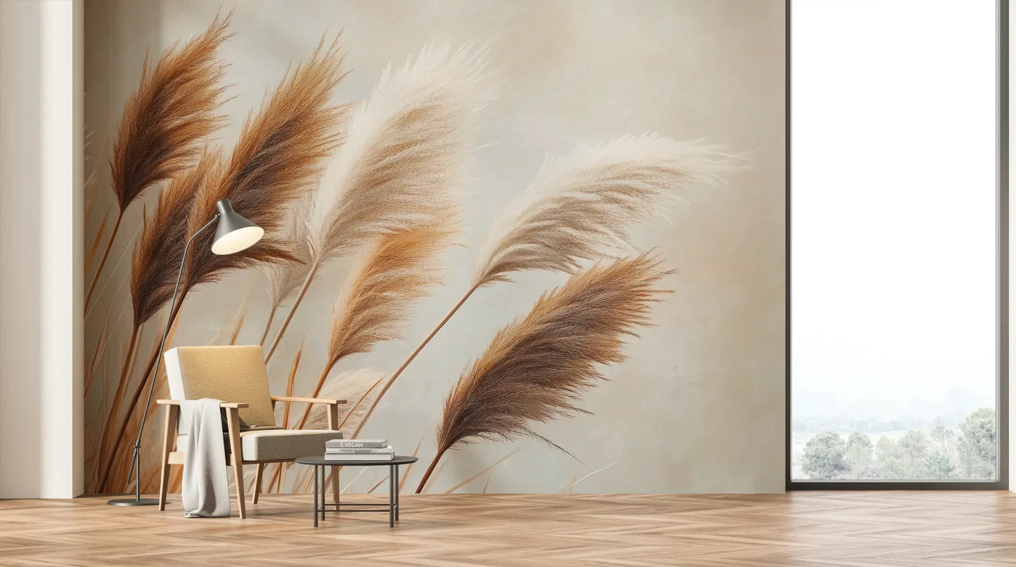 Wzór fototapety PAMPAS DREAMS - tapeta z beżowymi trawami pampasowymi pokazanej w aranżacji salonu.
