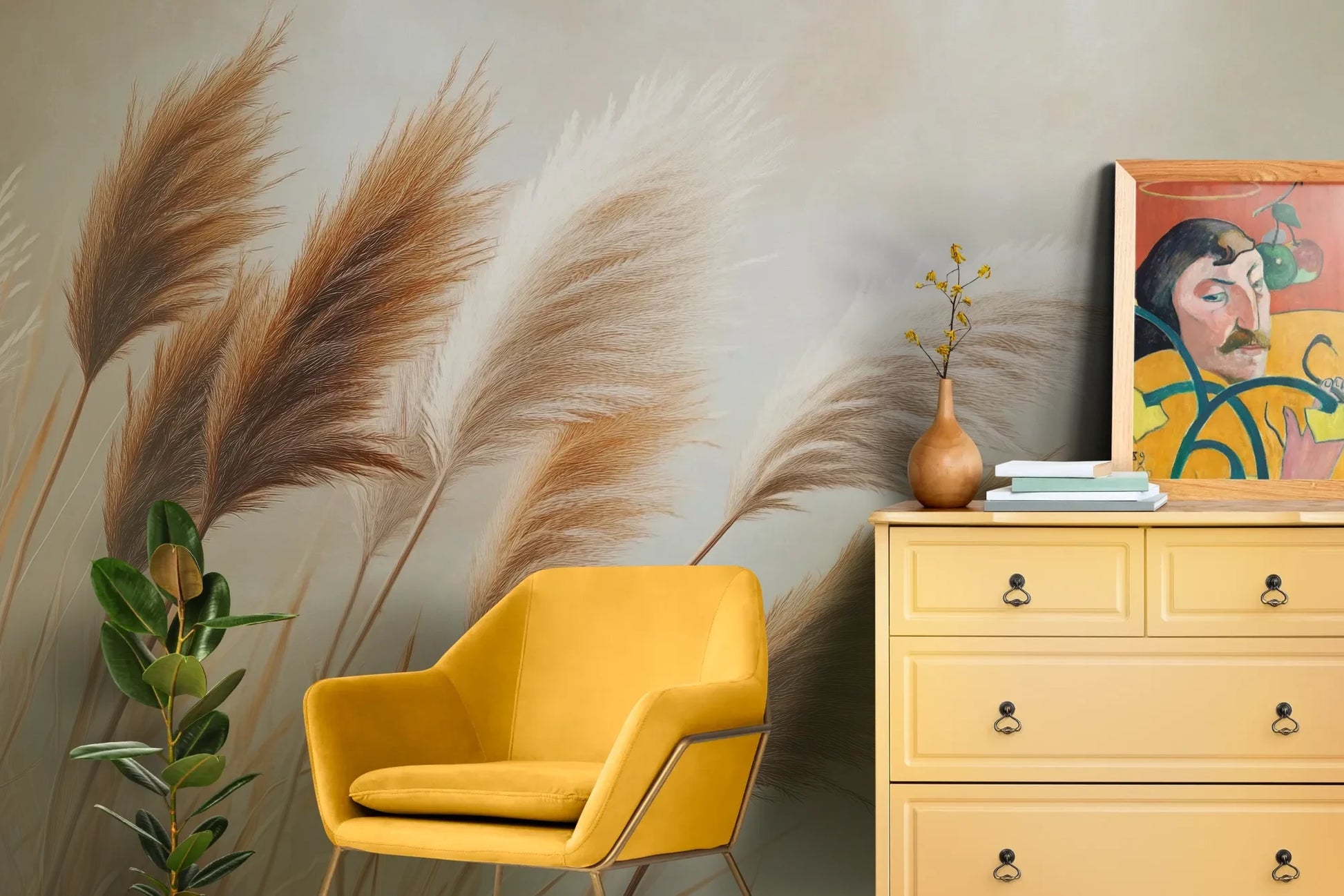 Wzór fototapety PAMPAS DREAMS - tapeta z beżowymi trawami pampasowymi pokazanej w aranżacji salonu.