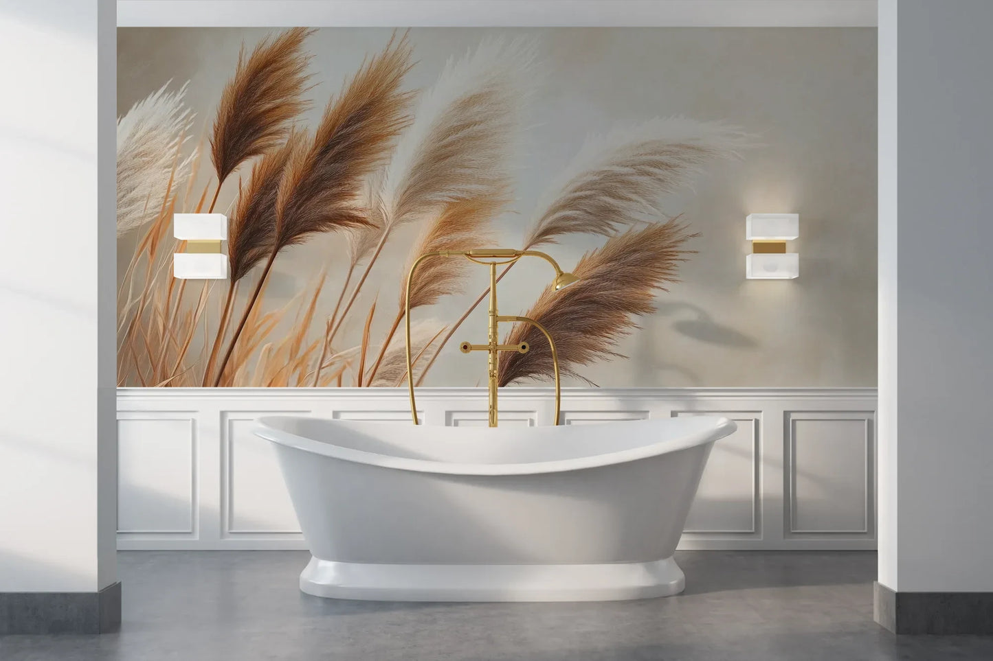 Wzór fototapety PAMPAS DREAMS - tapeta z beżowymi trawami pampasowymi pokazanej w aranżacji łazienki.