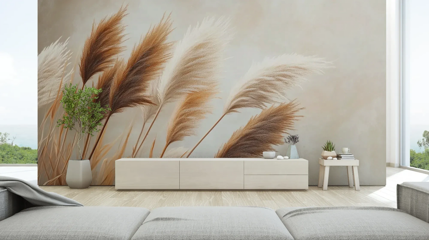 Wzór fototapety PAMPAS DREAMS - tapeta z beżowymi trawami pampasowymi pokazanej w aranżacji salonu.