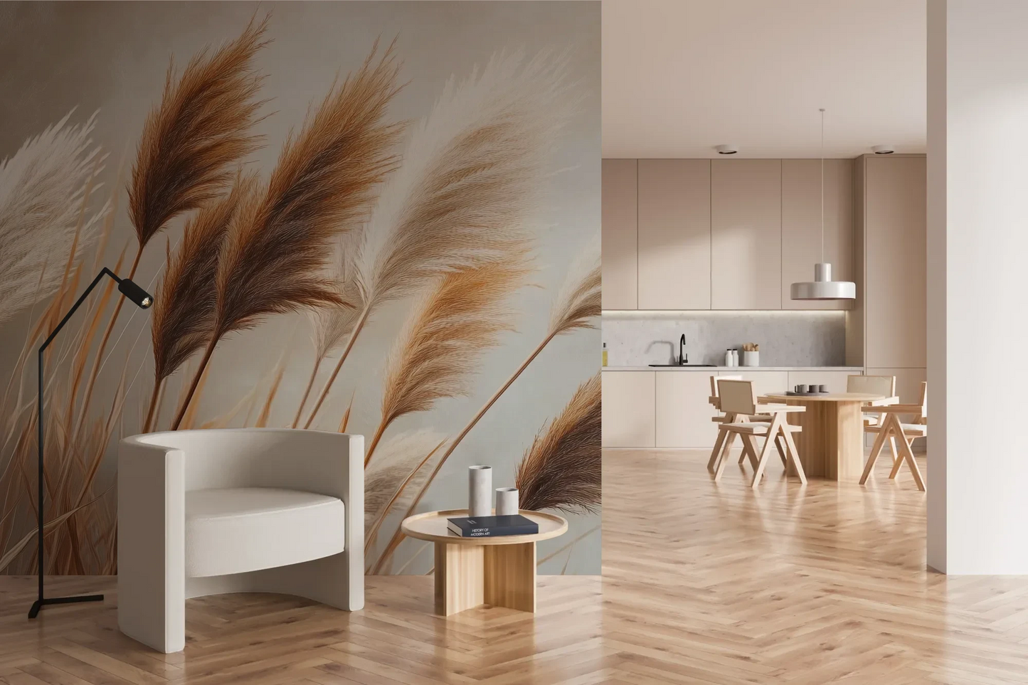 Wzór fototapety PAMPAS DREAMS - tapeta z beżowymi trawami pampasowymi pokazanej w aranżacji kuchni.