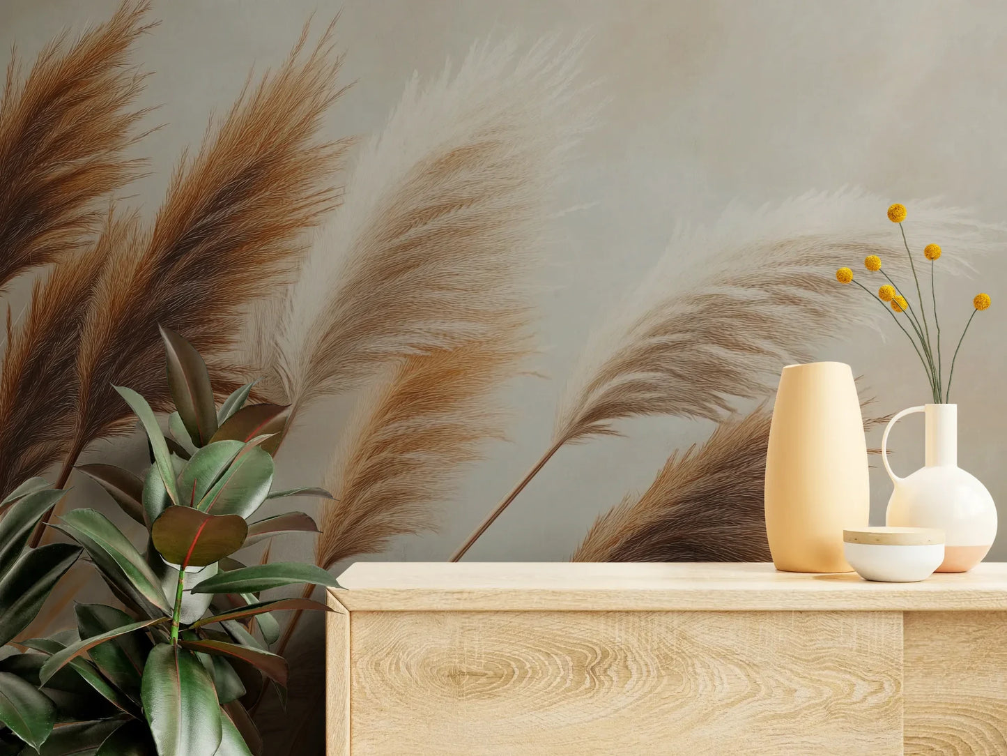 Fototapeta PAMPAS DREAMS - tapeta z beżowymi trawami pampasowymi pokazana w aranżacji wnętrza z akcentem na ścianie.