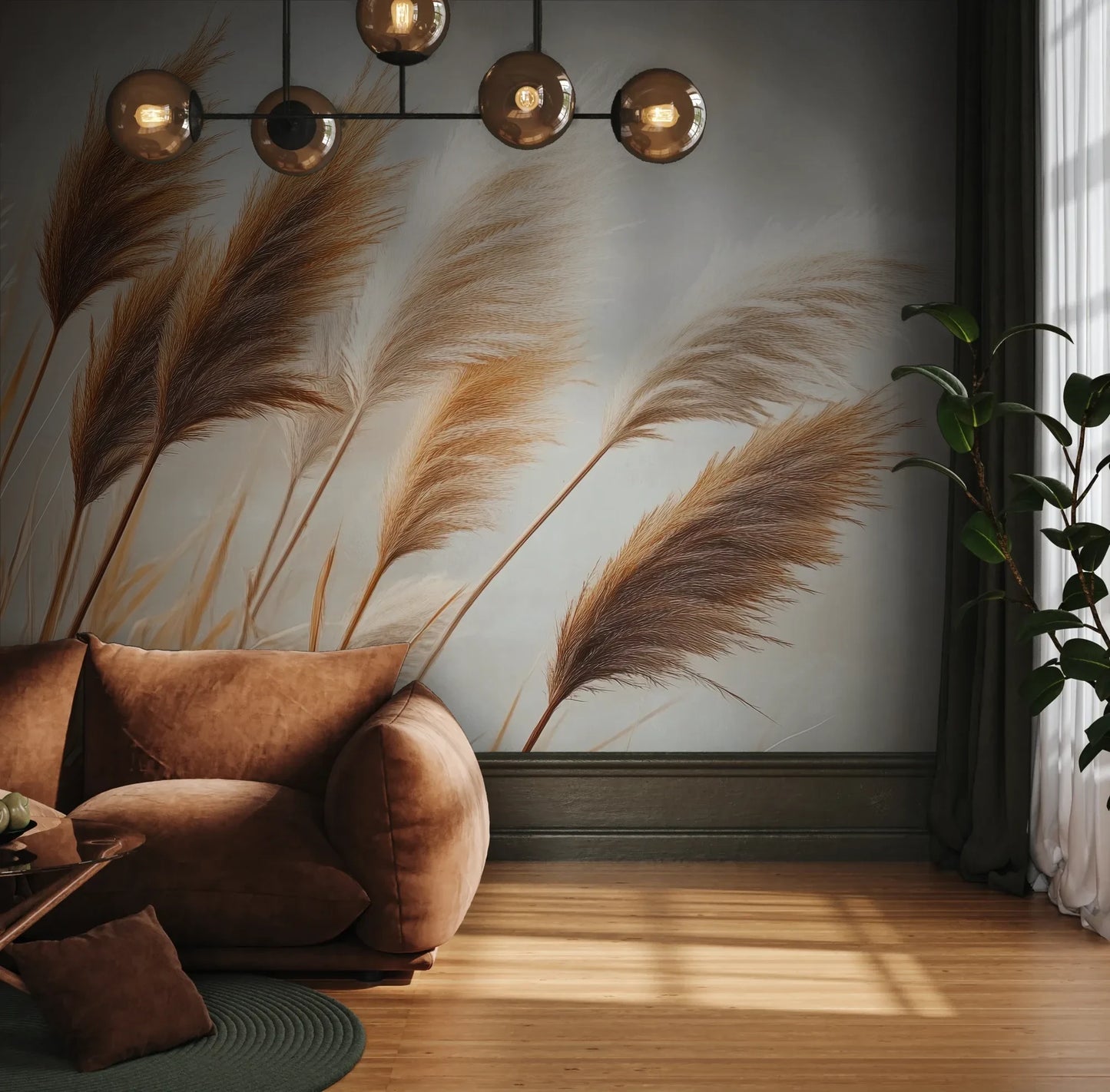 Fototapeta PAMPAS DREAMS - tapeta z beżowymi trawami pampasowymi pokazana w aranżacji wnętrza z akcentem na ścianie.