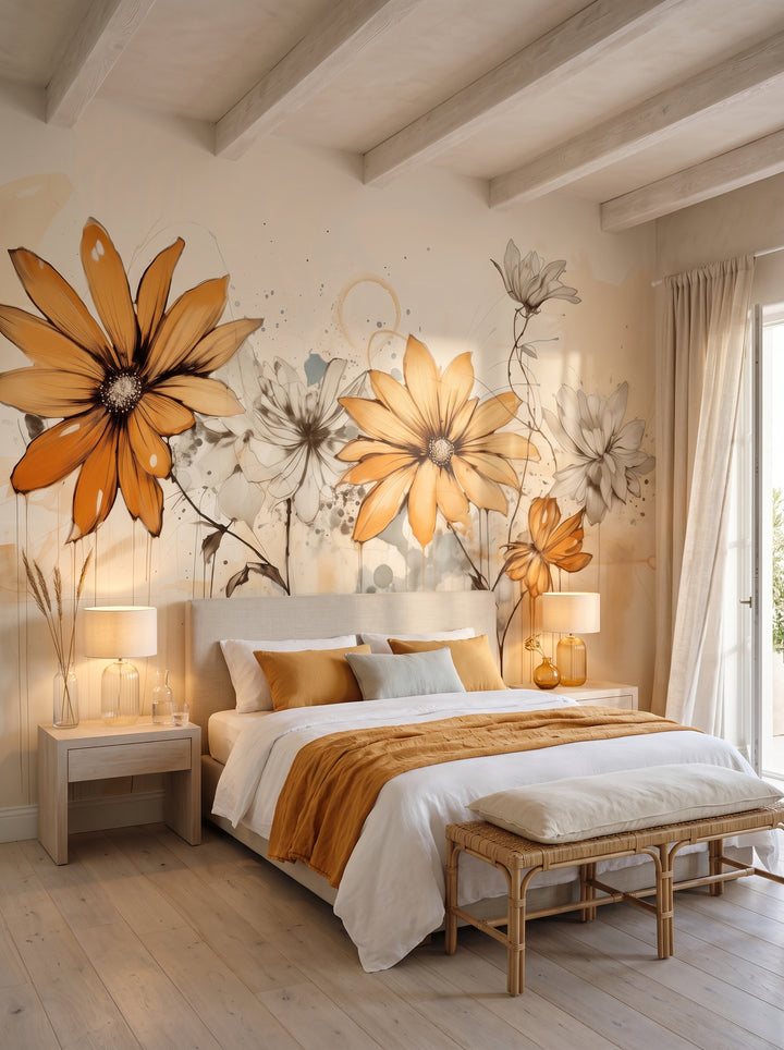 Fototapeta artystyczna o nazwie Abstract Florals w aranżacji wnętrza: sypialnia w nadmorskiej rezydencji.