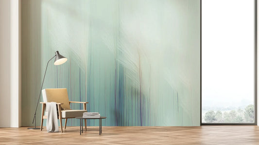 Wzór fototapety AQUA DREAMS - tapeta z delikatnym gradientem w morskich odcieniach pokazanej w aranżacji salonu.