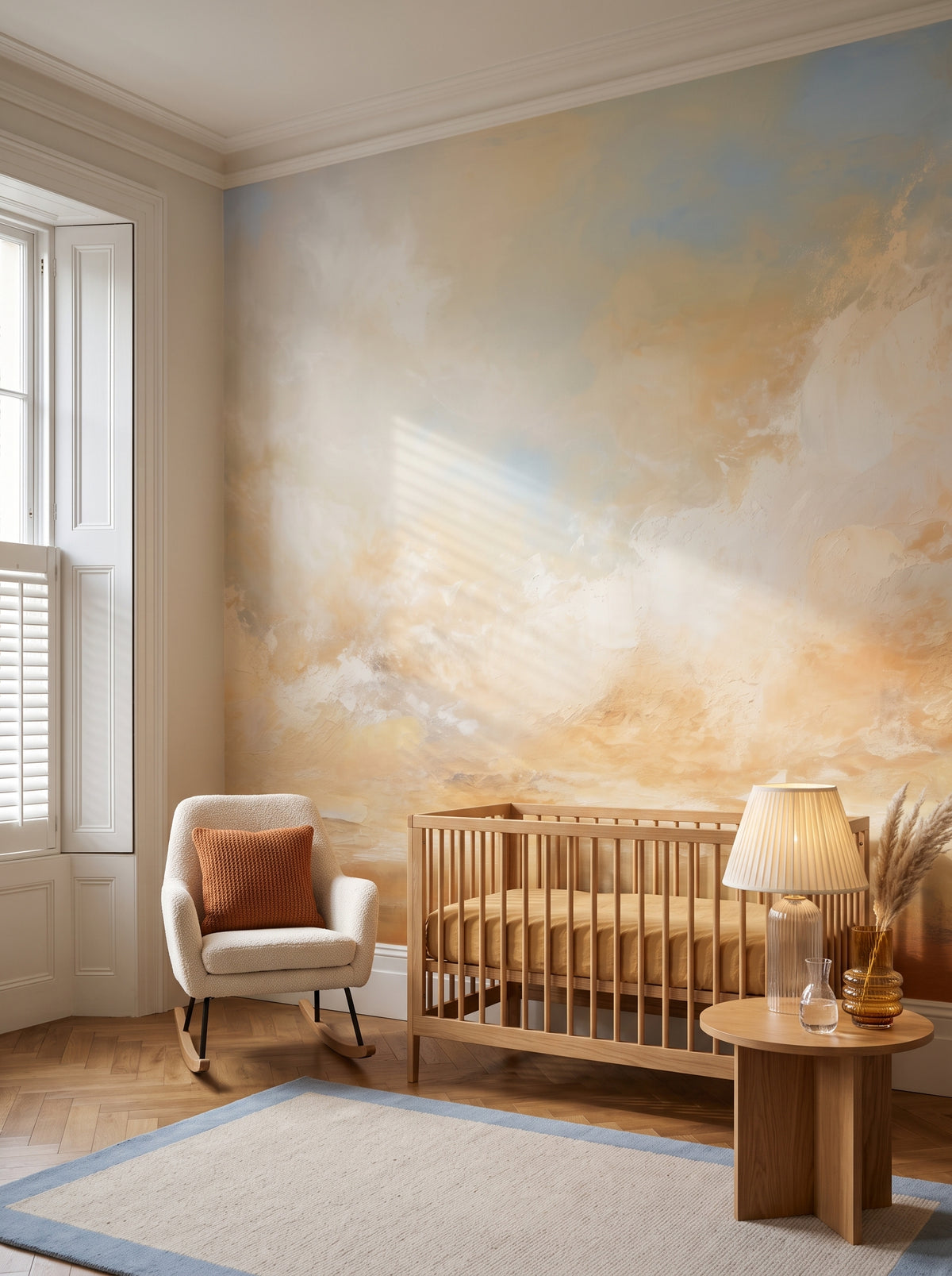 Artistic wall mural “SUNBURST CLOUDSCAPE CANVAS” in an interior: elegant children's room in a city townhouse.
