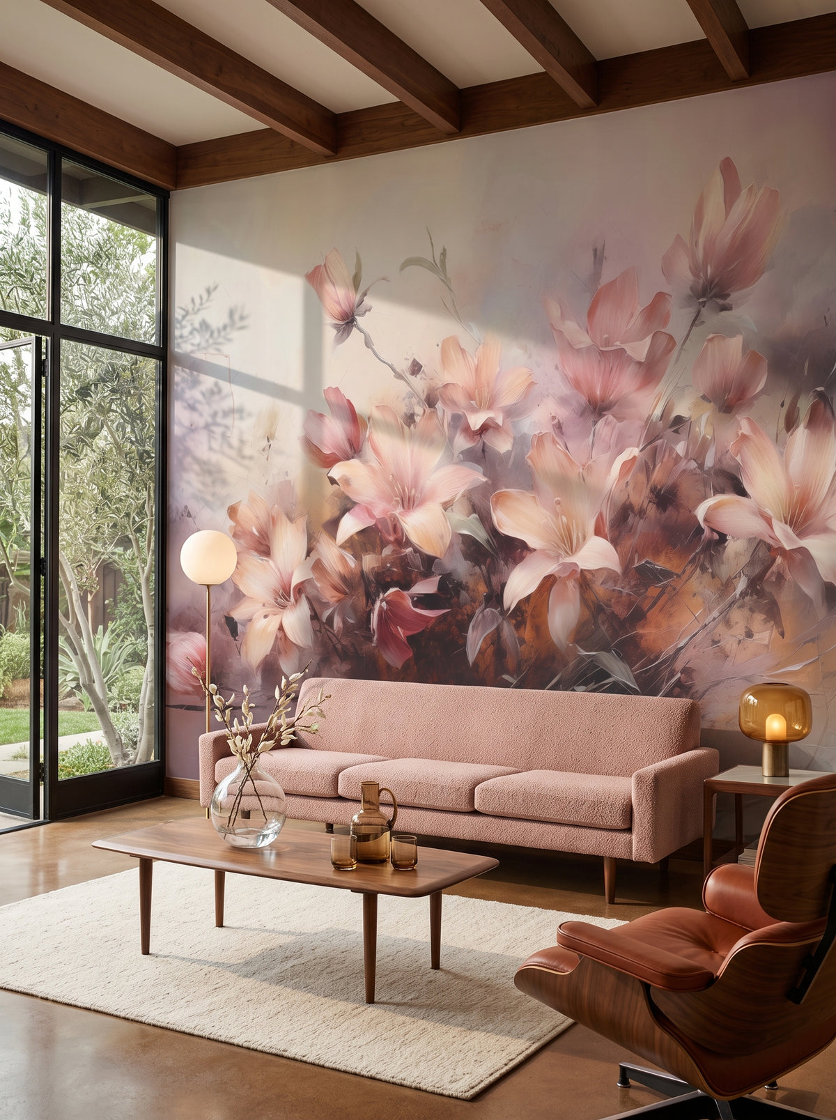 Fototapeta artystyczna o nazwie Misty Blossoms w aranżacji wnętrza: salon w kalifornijskim domu z połowy XX wieku.