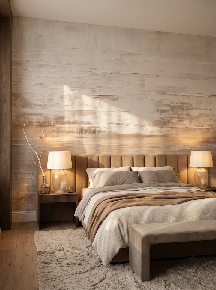 Fototapeta artystyczna o nazwie Neutral Fluidity w aranżacji wnętrza: apartament w pięciogwiazdkowym hotelu w stylu quiet luxury.