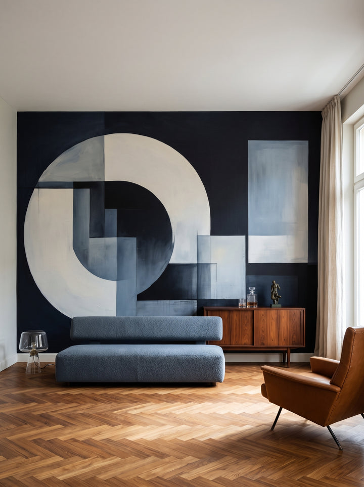 Fototapeta artystyczna o nazwie Geometric Night w aranżacji wnętrza: salon kolekcjonera w stylu mid-century modern.