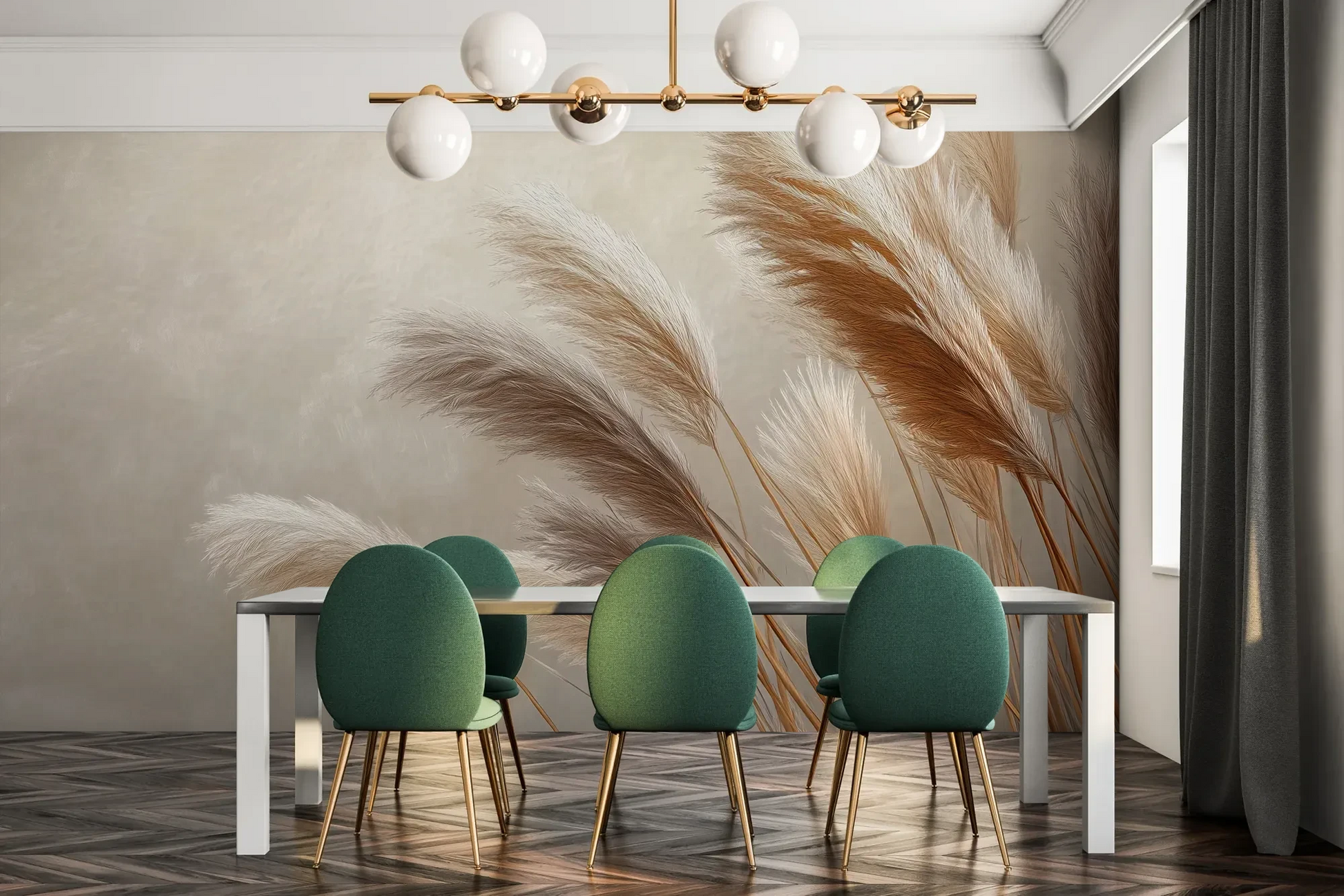 Fototapeta GENTLE PLUMES - tapeta z beżowymi źdźbłami trawy na jasnym tle pokazana w aranżacji jadalni.