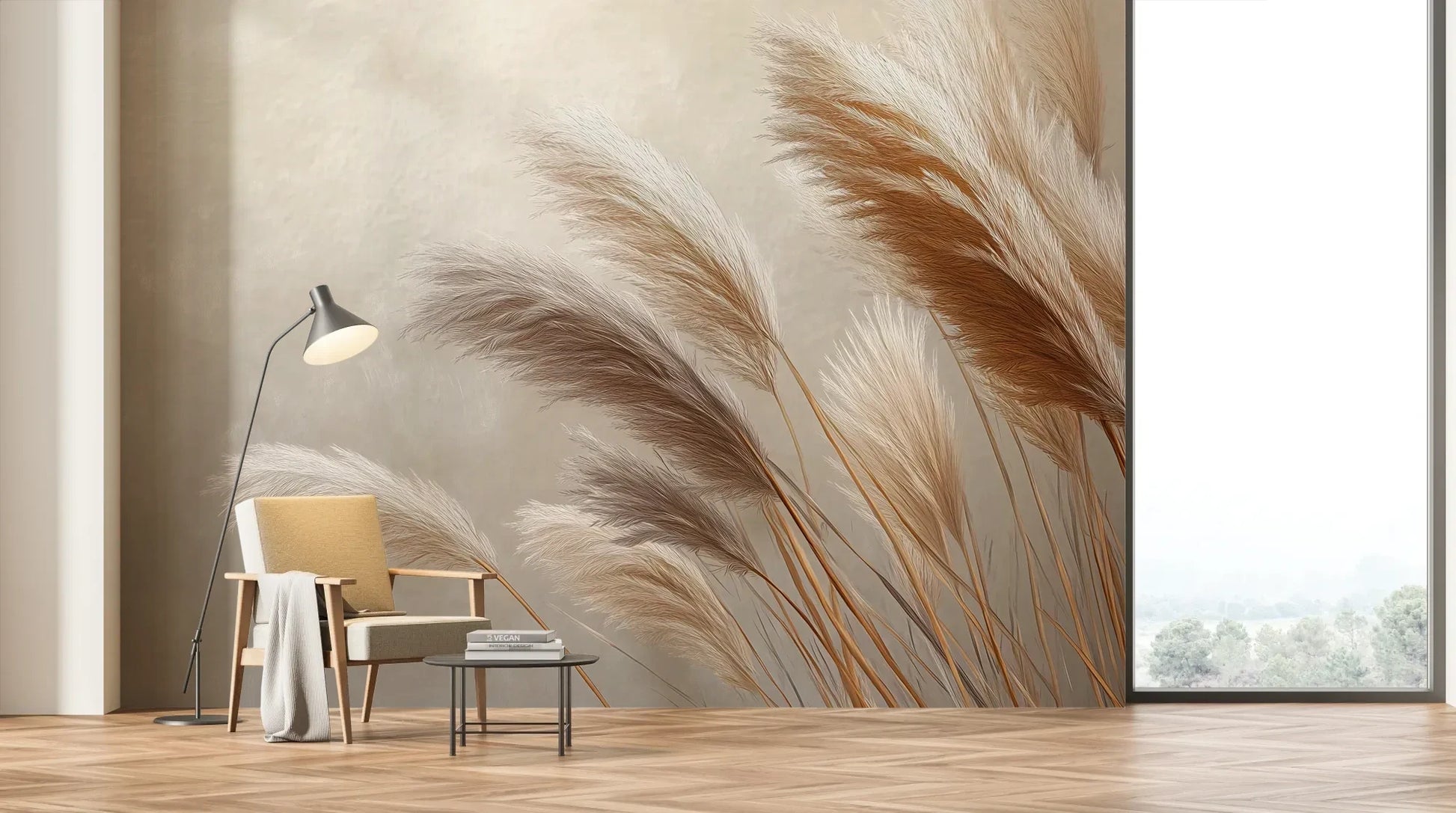 Wzór fototapety GENTLE PLUMES - tapeta z beżowymi źdźbłami trawy na jasnym tle pokazanej w aranżacji salonu.