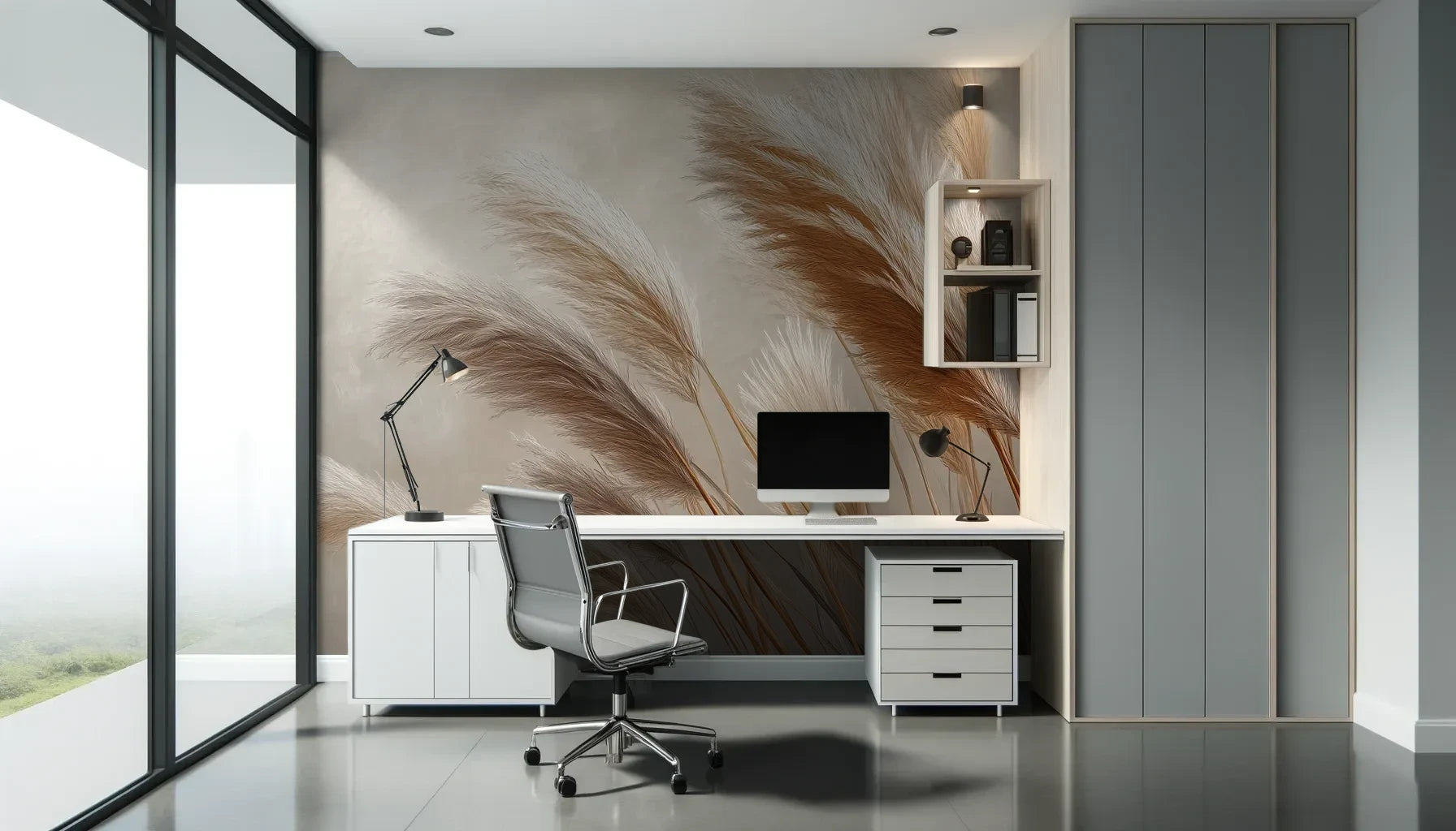 Fototapeta GENTLE PLUMES - tapeta z beżowymi źdźbłami trawy na jasnym tle pokazana w aranżacji biura.