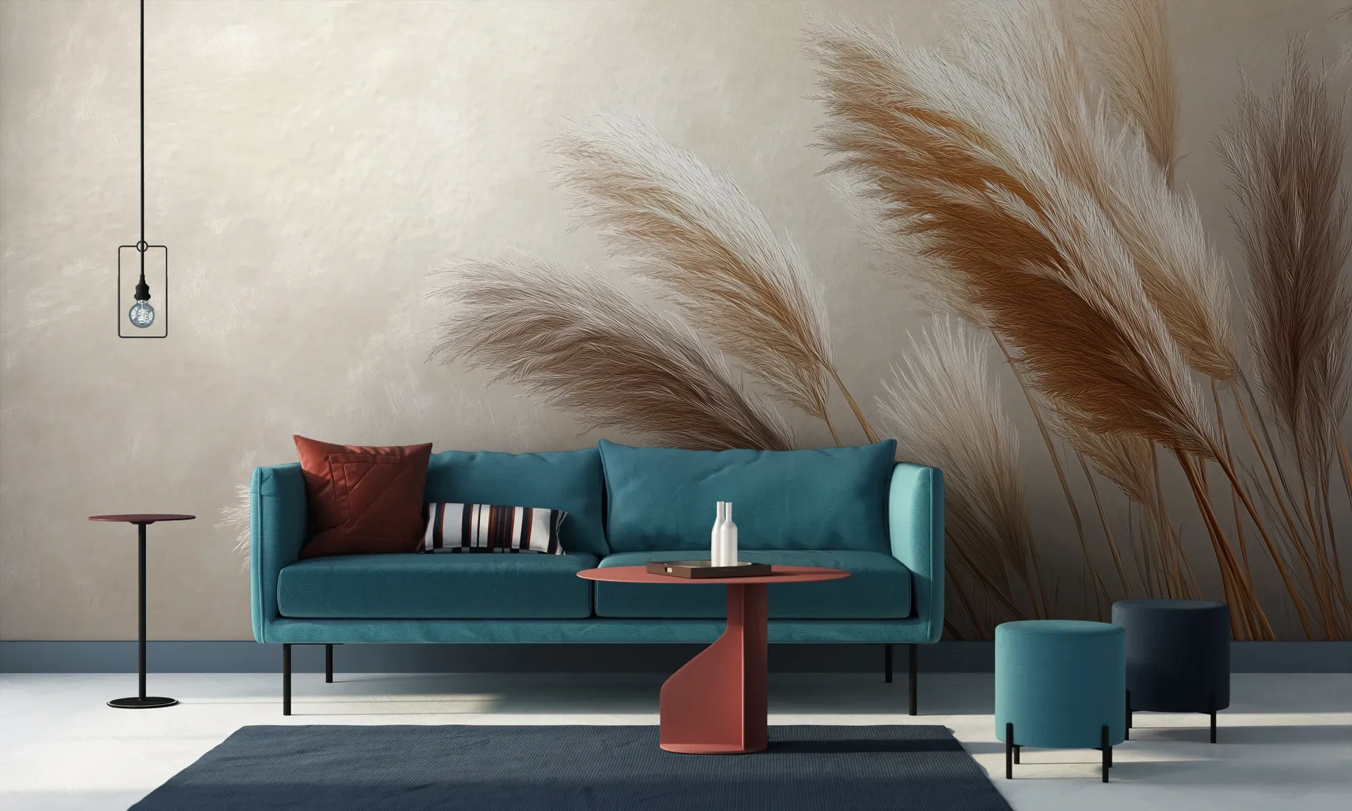 Wzór fototapety GENTLE PLUMES - tapeta z beżowymi źdźbłami trawy na jasnym tle pokazanej w aranżacji salonu.