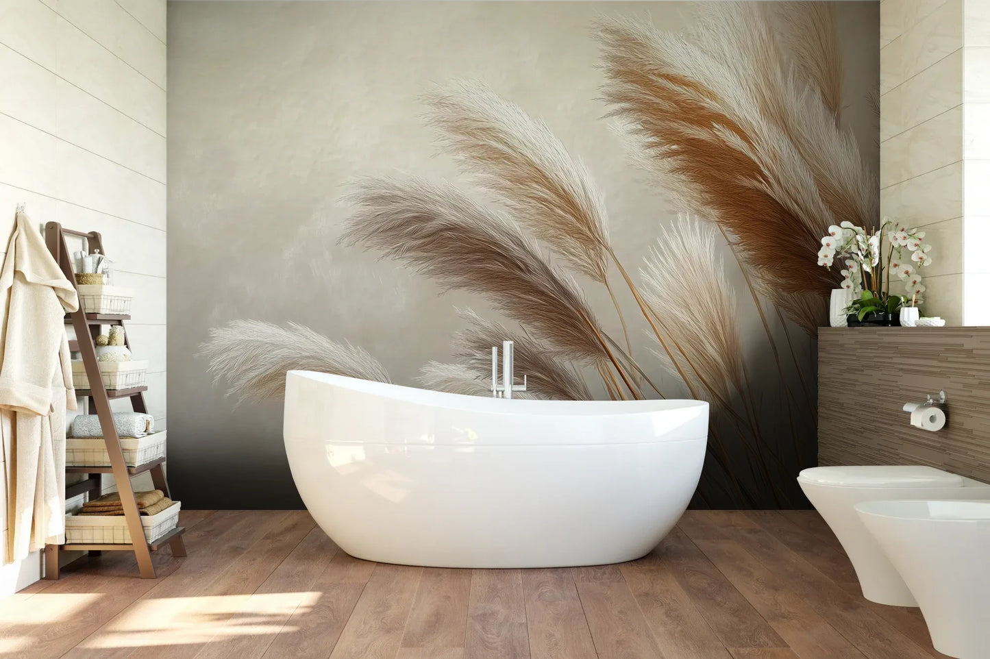 Wzór fototapety GENTLE PLUMES - tapeta z beżowymi źdźbłami trawy na jasnym tle pokazanej w aranżacji łazienki.