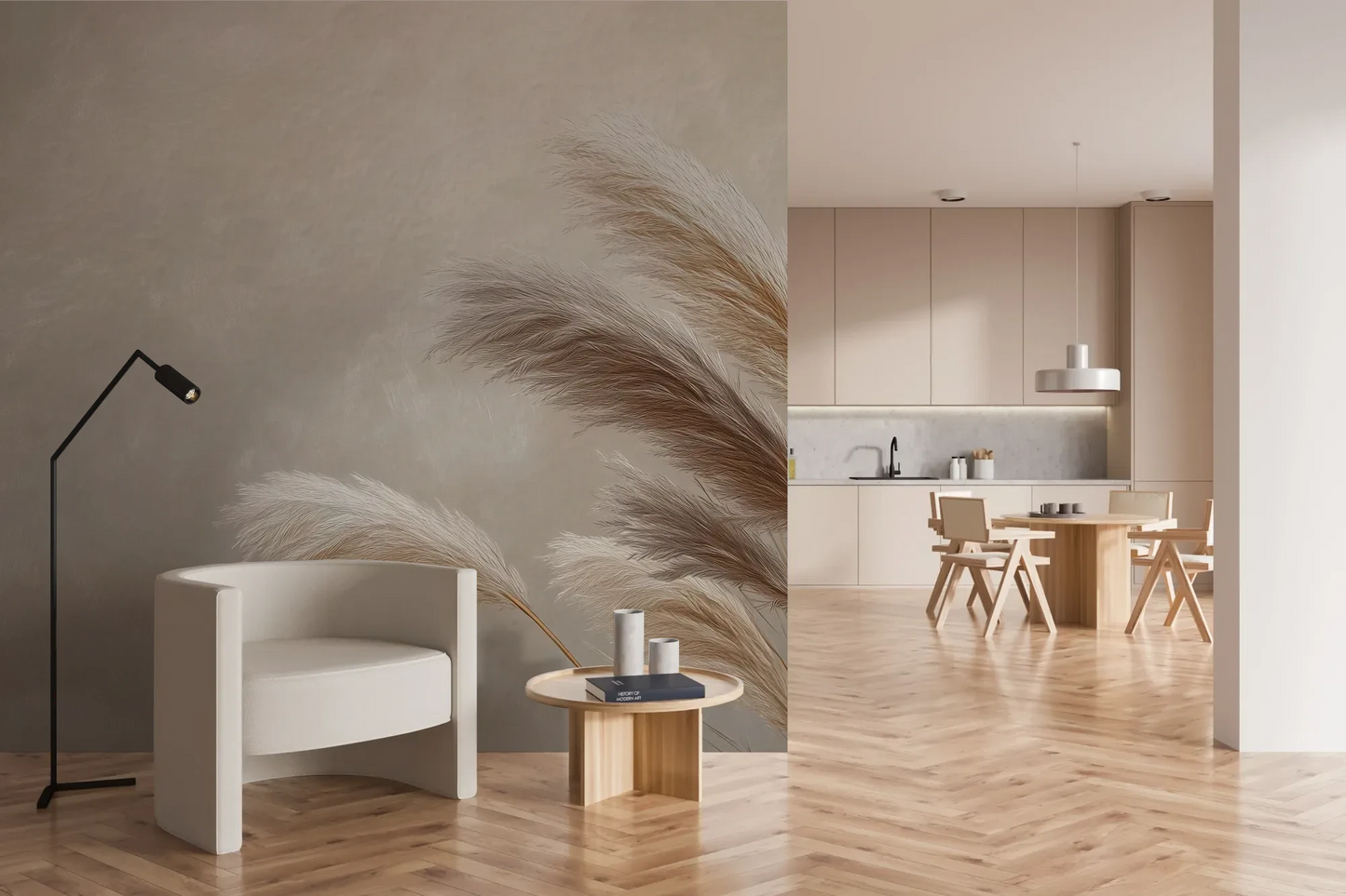 Wzór fototapety GENTLE PLUMES - tapeta z beżowymi źdźbłami trawy na jasnym tle pokazanej w aranżacji kuchni.