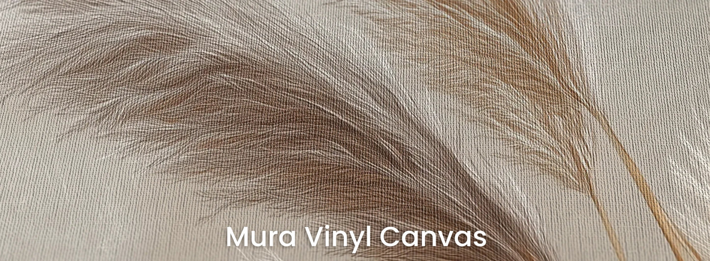 Zbliżenie na fototapetę GENTLE PLUMES - tapeta z beżowymi źdźbłami trawy na jasnym tle na podłożu o fakturze płótna.