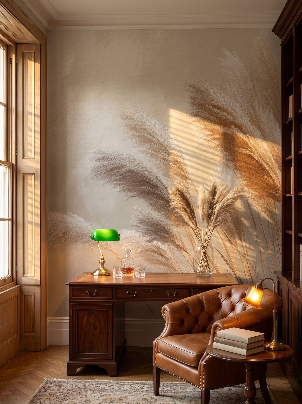 Carta da parati artistica «GENTLE PLUMES» in un interno: biblioteca privata in stile club inglese.