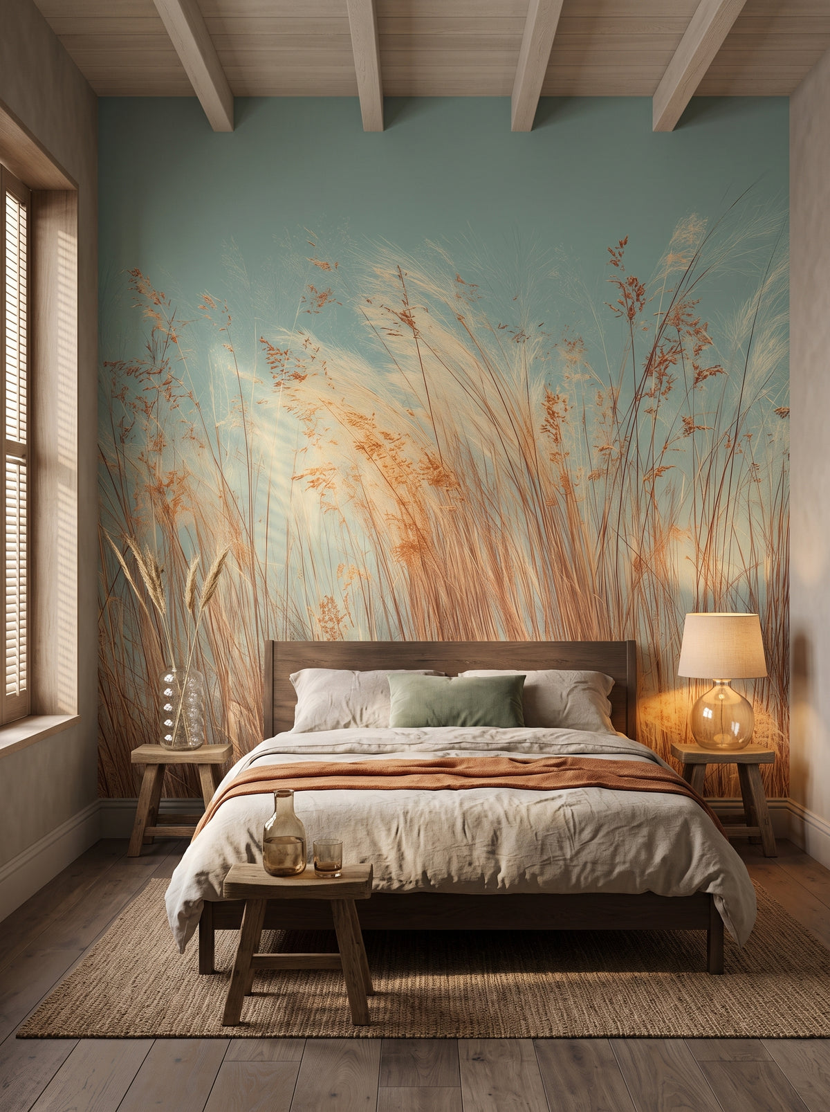 Fototapeta artystyczna o nazwie PASTEL HORIZON w aranżacji wnętrza: sypialnia wabi-sabi z tynkiem wapiennym.