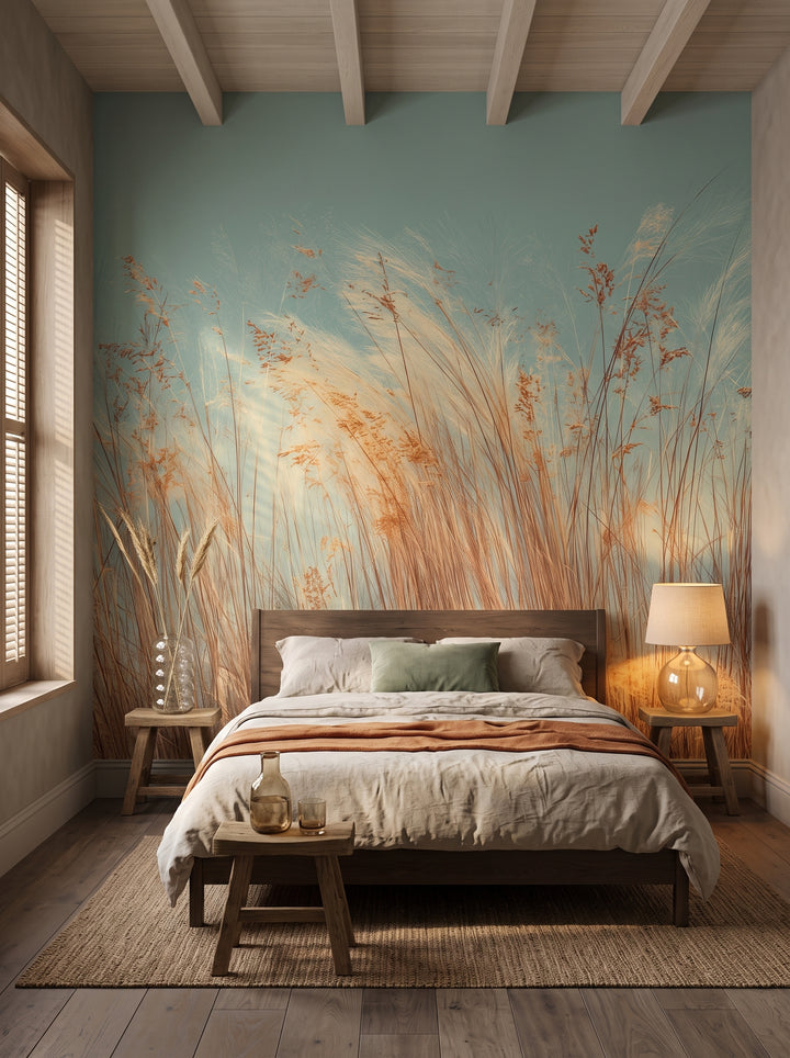 Fototapeta artystyczna o nazwie PASTEL HORIZON w aranżacji wnętrza: sypialnia wabi-sabi z tynkiem wapiennym.