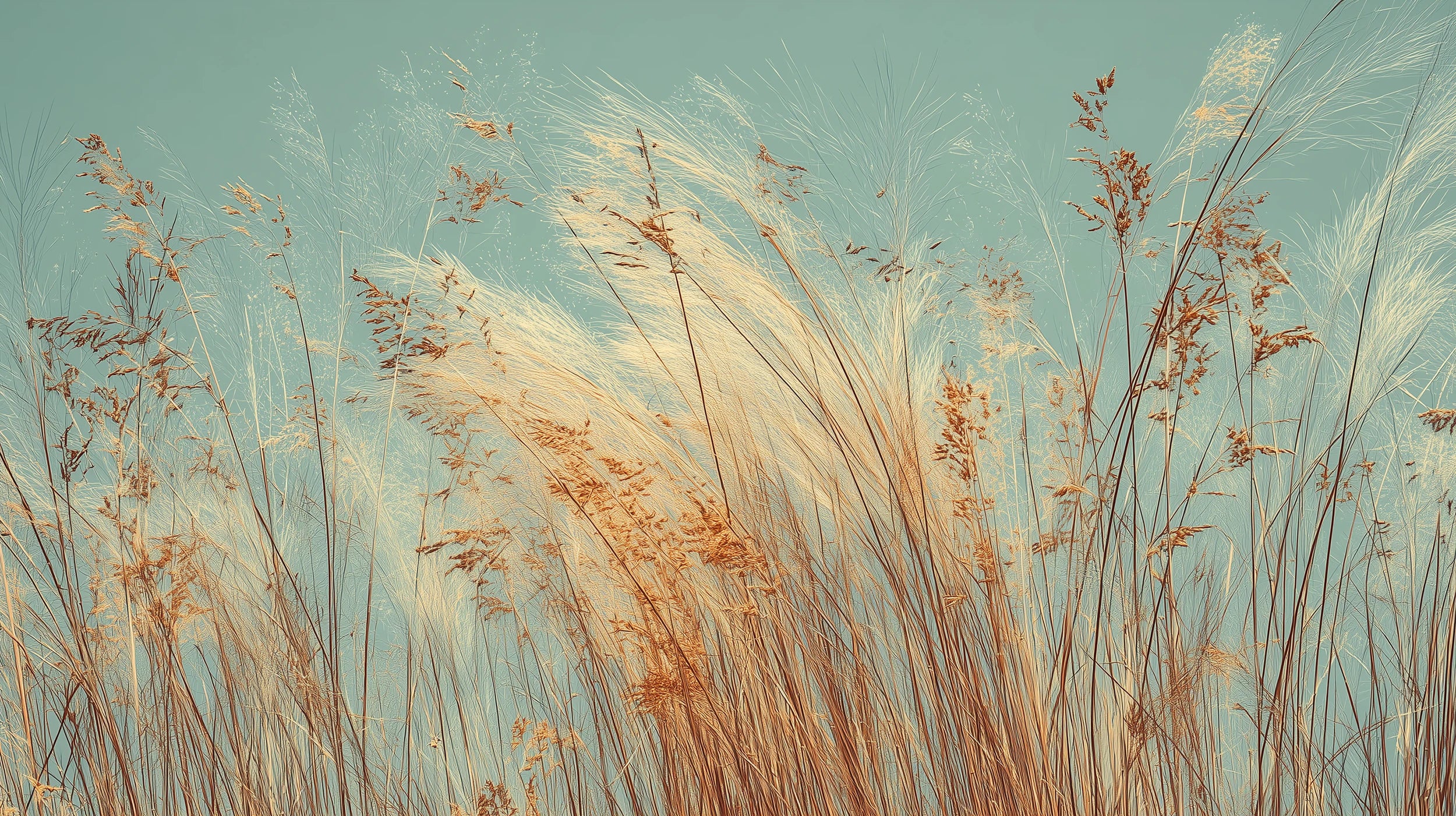 Mustervorschau: Prezentacja całego wzoru fototapety o nazwie PASTEL HORIZON - tapeta z delikatną trawą na turkusowym tle